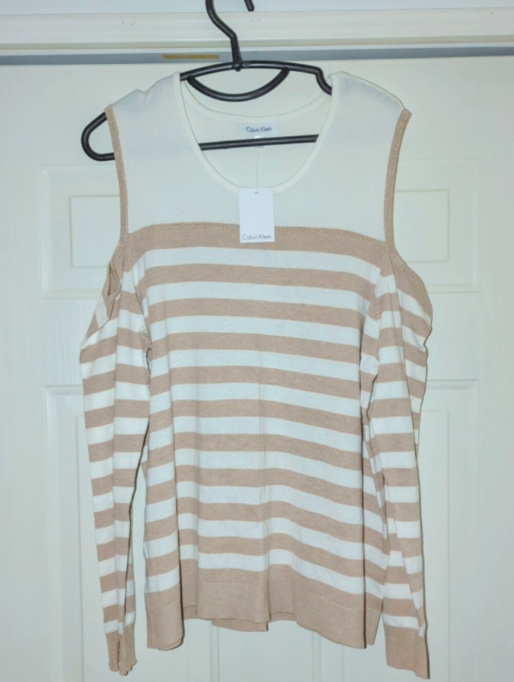 NWT Women's XL Calvin Klein Cream & Beige Striped Cold-Shoulder Top
